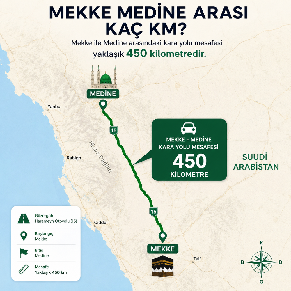 Mekke Medine Arası Ka&ccedil; Km